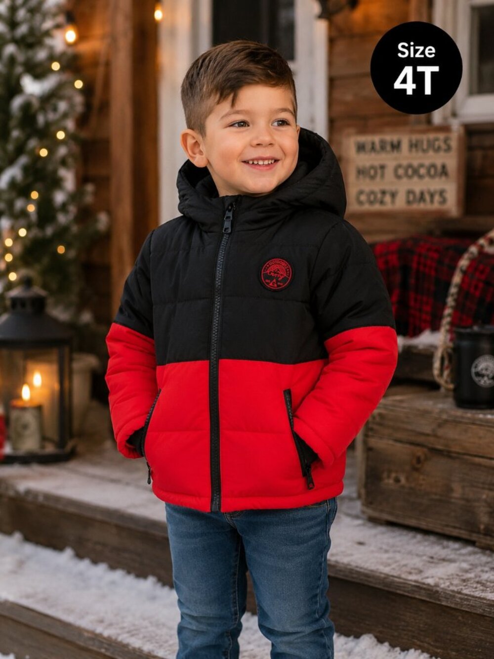 Gerry Outdoors Boys Puffer Winter Jacket Size 4T Black Red Hooded Coat Like New